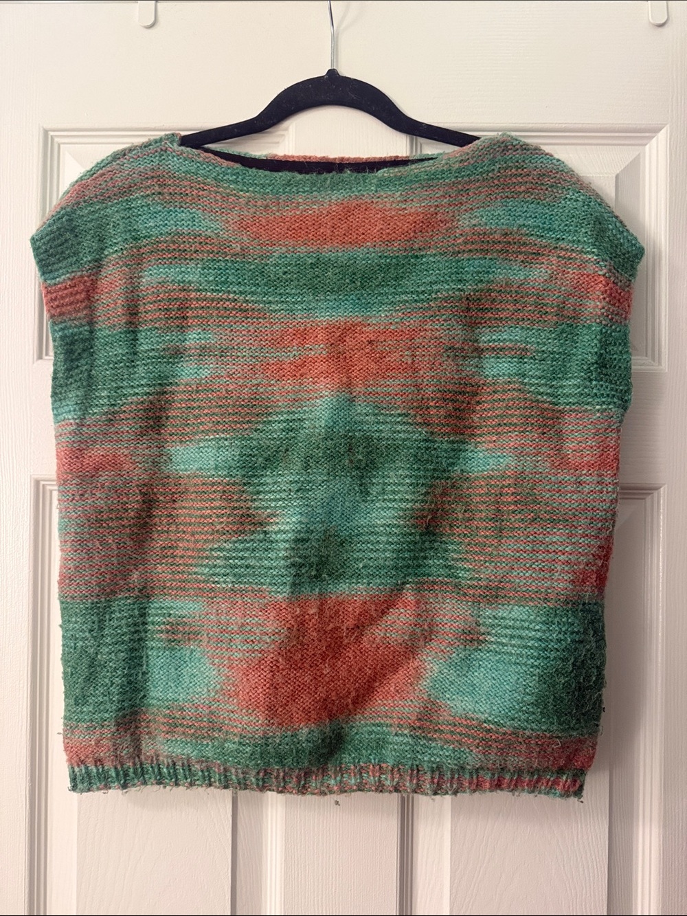 Striped Green and Coral Knit Scoop-Neck Sweater